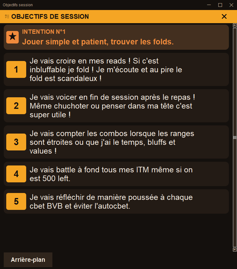 Objectifs de session numérotés, affichés en surimpression pendant la session