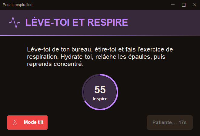Rappel de pause et respiration pendant une session Lastlonger