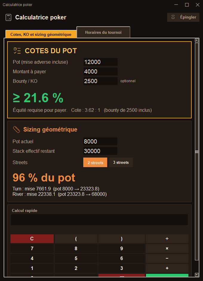 Calculatrice de poker intégrée dans Lastlonger